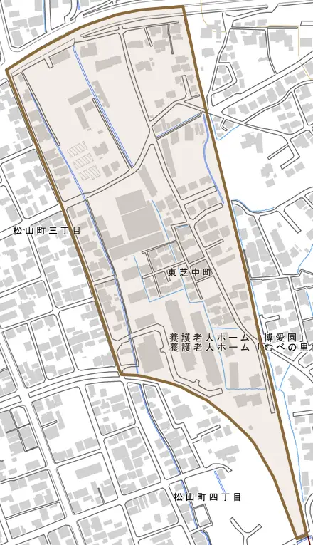 東芝中町とその周辺の地図。町の範囲を重ねている