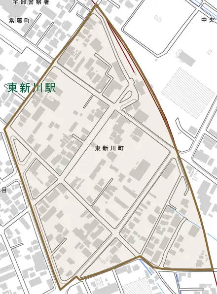 東新川町とその周辺の地図。町の範囲を重ねている