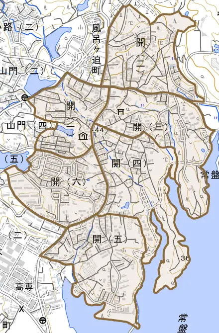 開とその周辺の地図。町の範囲を重ねている