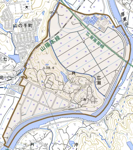 大字広瀬とその周辺の地図。町の範囲を重ねている