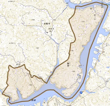 大字櫟原とその周辺の地図。町の範囲を重ねている