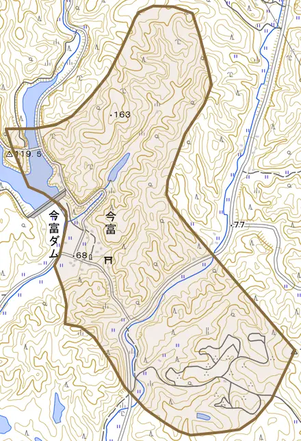 大字今富とその周辺の地図。町の範囲を重ねている