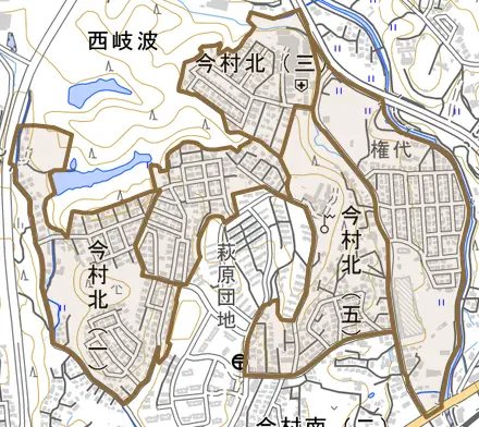 今村北とその周辺の地図。町の範囲を重ねている