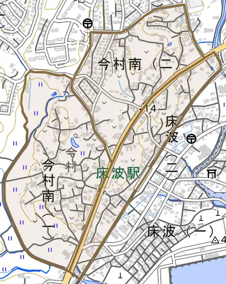 今村南とその周辺の地図。町の範囲を重ねている