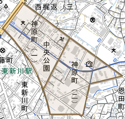 神原町とその周辺の地図。町の範囲を重ねている