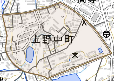 上野中町とその周辺の地図。町の範囲を重ねている