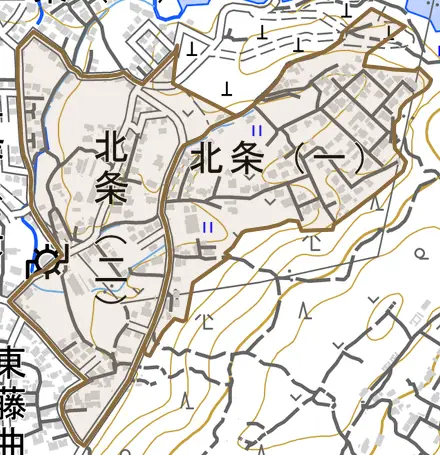 北条とその周辺の地図。町の範囲を重ねている