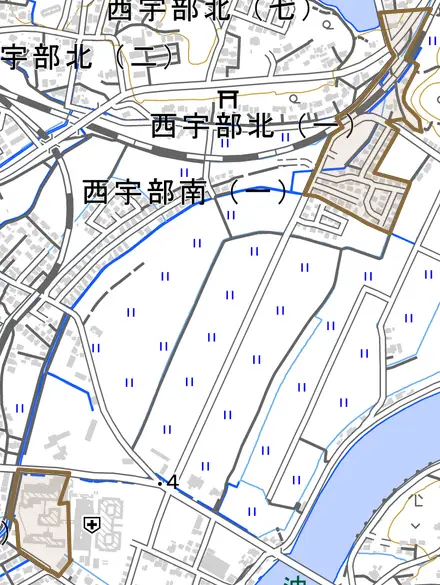大字際波とその周辺の地図。町の範囲を重ねている