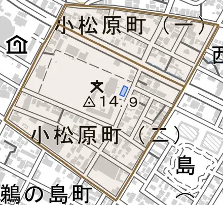 小松原町とその周辺の地図。町の範囲を重ねている