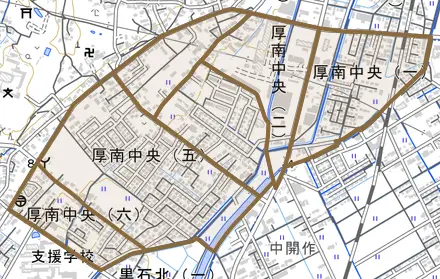 厚南中央とその周辺の地図。町の範囲を重ねている