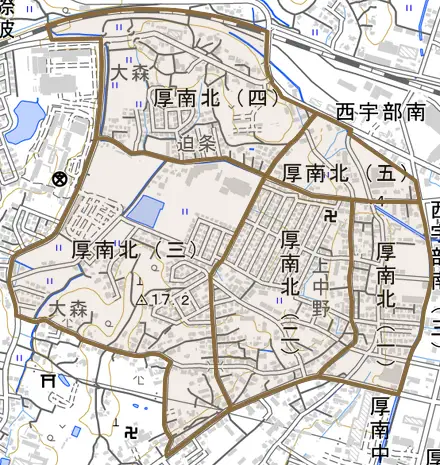 厚南北とその周辺の地図。町の範囲を重ねている