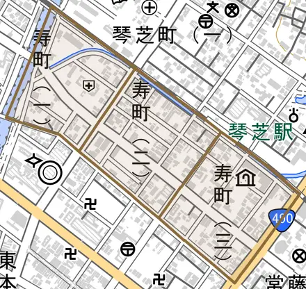 寿町とその周辺の地図。町の範囲を重ねている