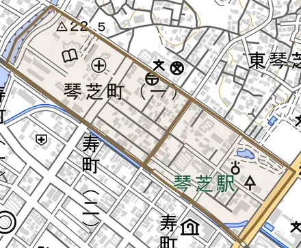 琴芝町とその周辺の地図。町の範囲を重ねている