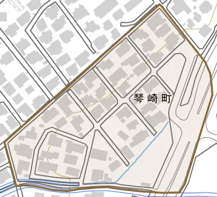 琴崎町とその周辺の地図。町の範囲を重ねている