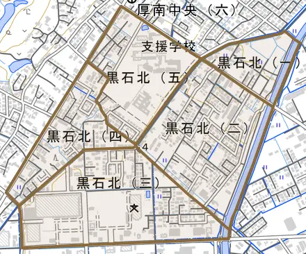 黒石北とその周辺の地図。町の範囲を重ねている