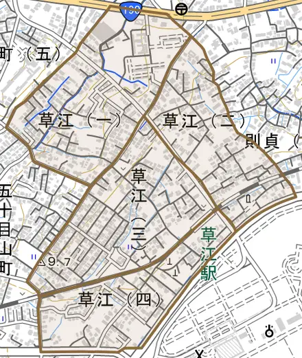 草江とその周辺の地図。町の範囲を重ねている