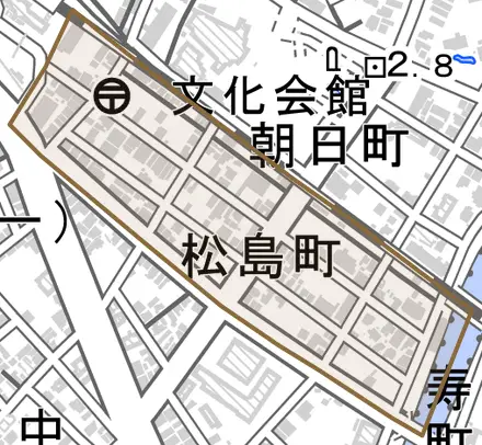 松島町とその周辺の地図。町の範囲を重ねている