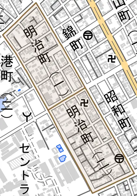 明治町とその周辺の地図。町の範囲を重ねている