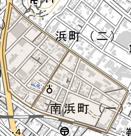 南浜町とその周辺の地図。町の範囲を重ねている
