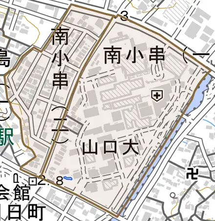 南小串とその周辺の地図。町の範囲を重ねている