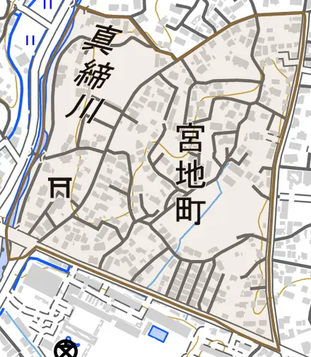 宮地町とその周辺の地図。町の範囲を重ねている