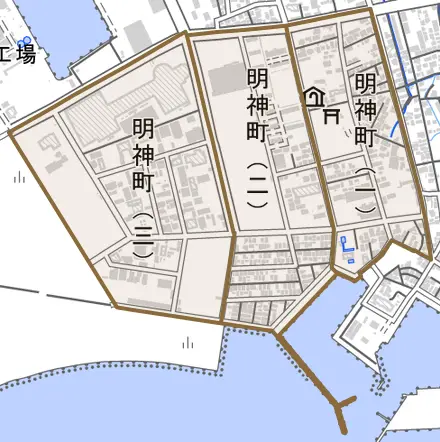 明神町とその周辺の地図。町の範囲を重ねている