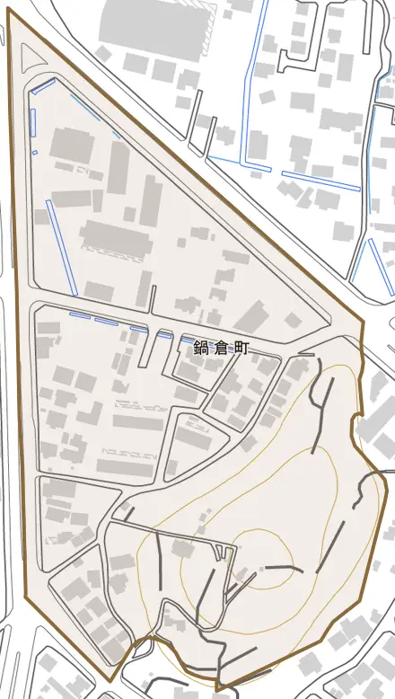 鍋倉町とその周辺の地図。町の範囲を重ねている