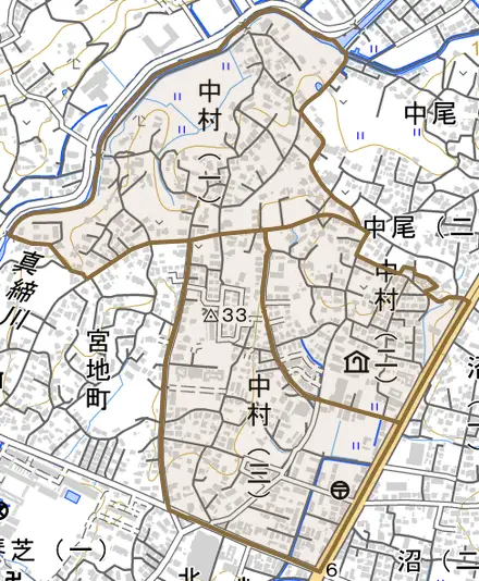 中村とその周辺の地図。町の範囲を重ねている