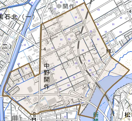 大字中野開作とその周辺の地図。町の範囲を重ねている
