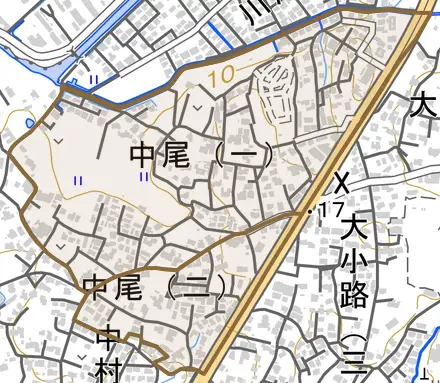 中尾とその周辺の地図。町の範囲を重ねている