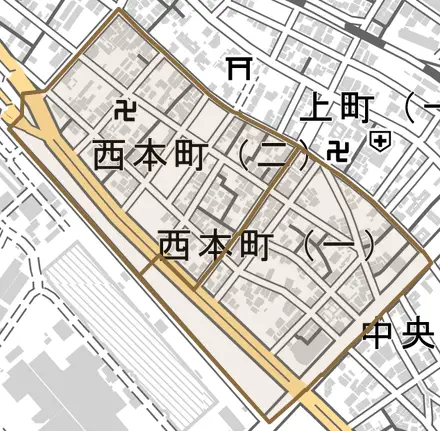 西本町とその周辺の地図。町の範囲を重ねている