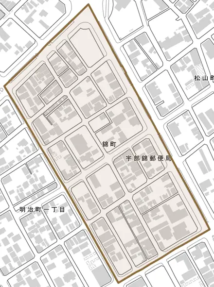 錦町とその周辺の地図。町の範囲を重ねている