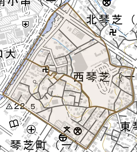 西琴芝とその周辺の地図。町の範囲を重ねている