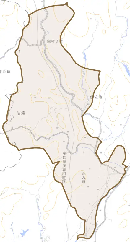 大字西万倉とその周辺の地図。町の範囲を重ねている