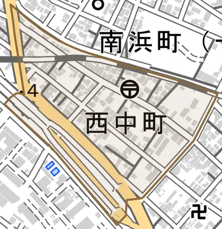 西中町とその周辺の地図。町の範囲を重ねている