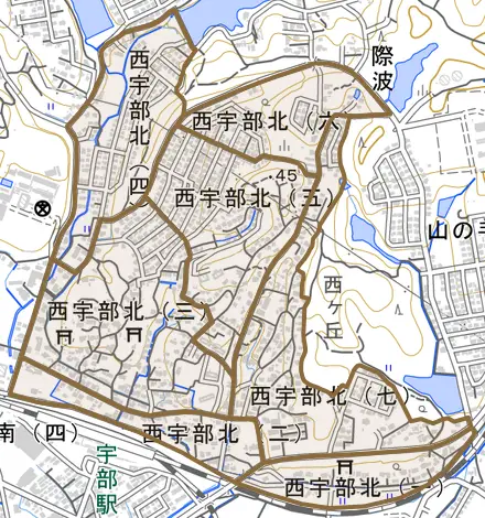 西宇部北とその周辺の地図。町の範囲を重ねている