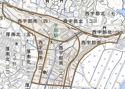 西宇部南とその周辺の地図。町の範囲を重ねている