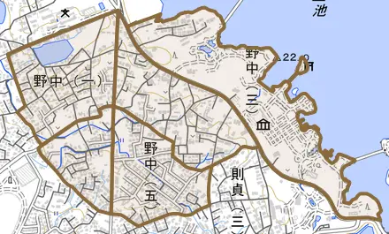野中とその周辺の地図。町の範囲を重ねている