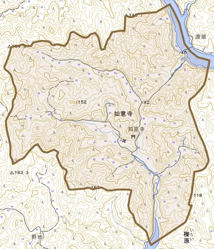 大字如意寺とその周辺の地図。町の範囲を重ねている