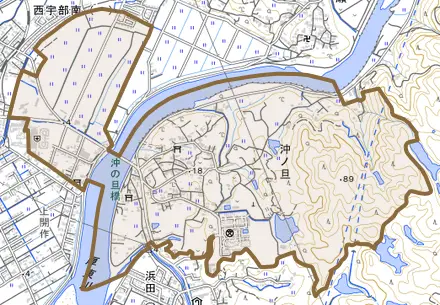 大字沖ノ旦とその周辺の地図。町の範囲を重ねている