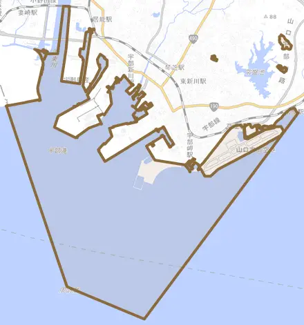 大字沖宇部とその周辺の地図。町の範囲を重ねている