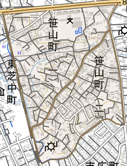 笹山町とその周辺の地図。町の範囲を重ねている