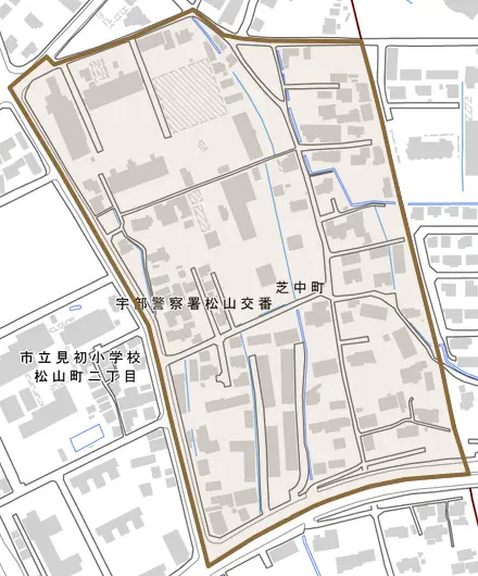 芝中町とその周辺の地図。町の範囲を重ねている