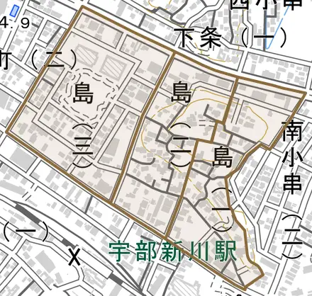 島とその周辺の地図。町の範囲を重ねている