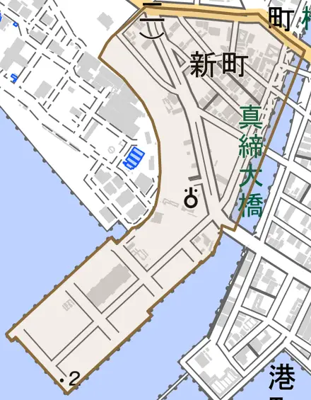 新町とその周辺の地図。町の範囲を重ねている