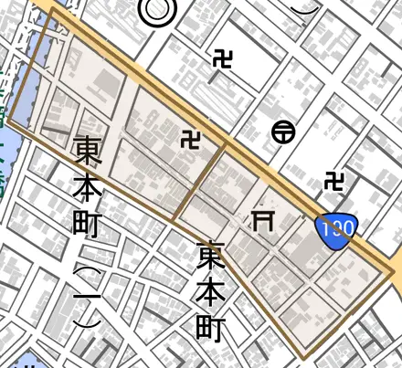 新天町とその周辺の地図。町の範囲を重ねている