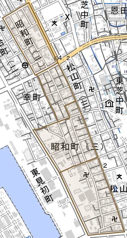 昭和町とその周辺の地図。町の範囲を重ねている