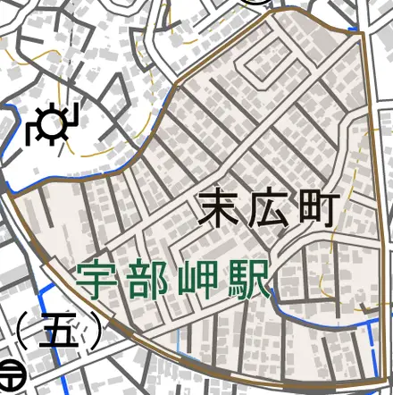 末広町とその周辺の地図。町の範囲を重ねている