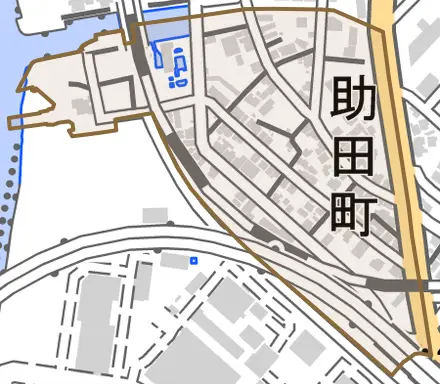 助田町とその周辺の地図。町の範囲を重ねている