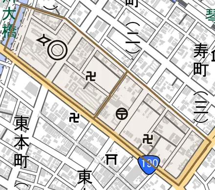 常盤町とその周辺の地図。町の範囲を重ねている
